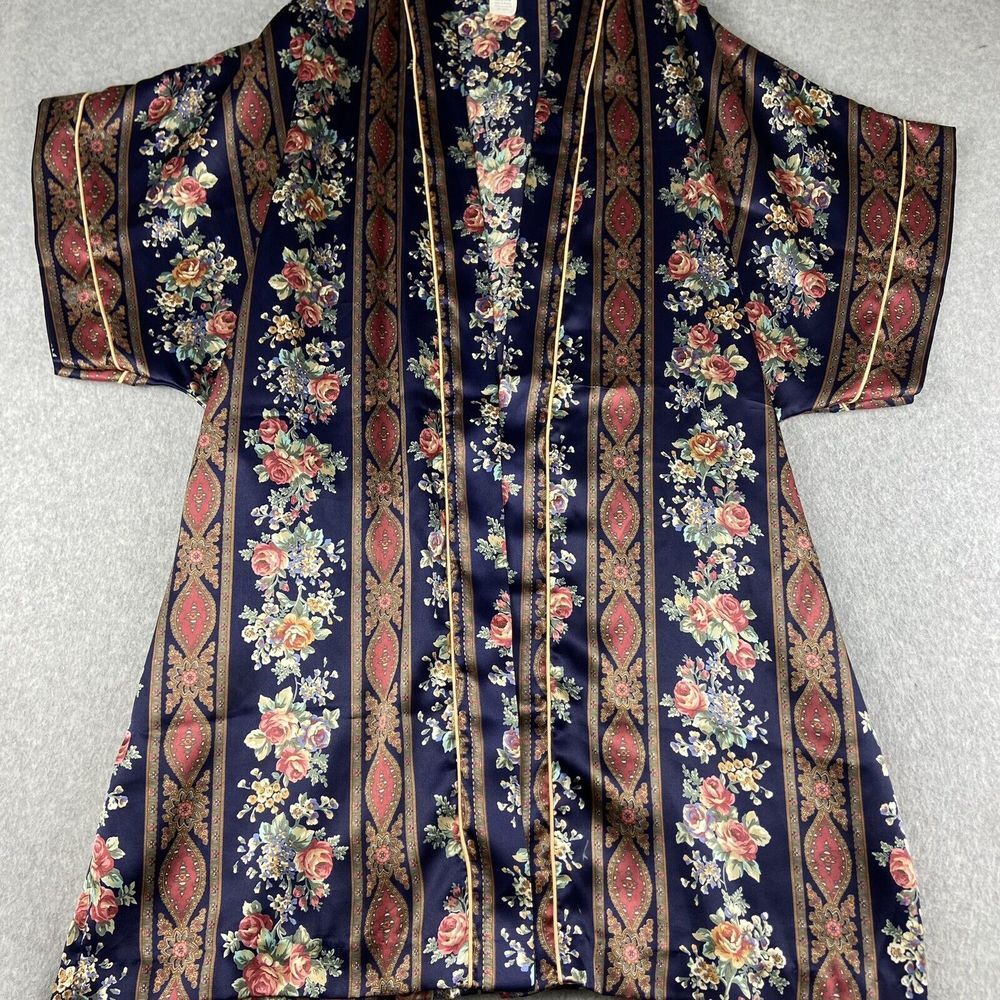 Sophia Morgan Robe Womens Medium Multicolor Floral Satin Short Sleeve‎ Sleepwear
